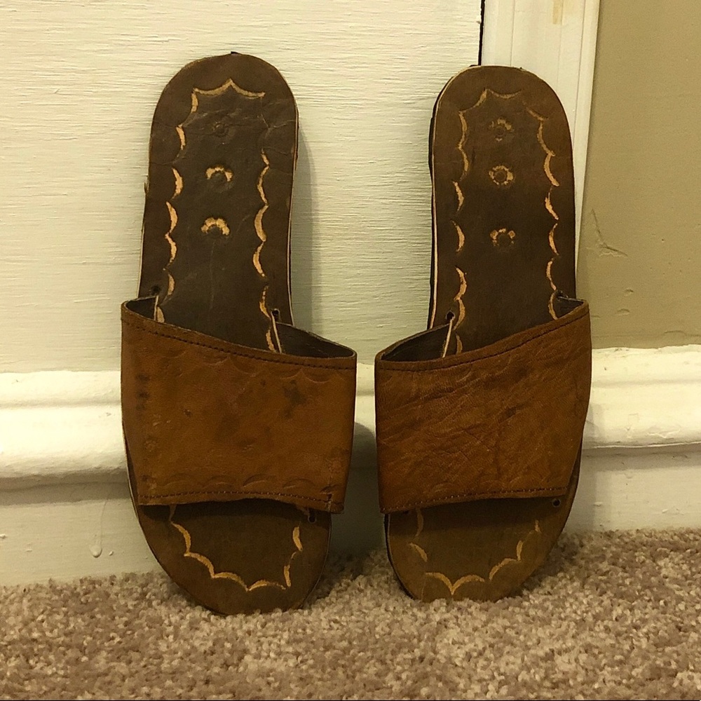 🔴 Handmade Brown Leather Sandals / Slides - Picture 1 of 2